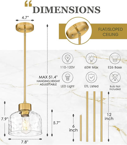Gold Pendant Lights Kitchen Island, 8" Hanging Light Fixtures with Hand-Blown Hammered Clear Glass, Modern Brass Kitchen Pendant Lighting Over Island for Dining Room, AD-24024-1PL-GD-H