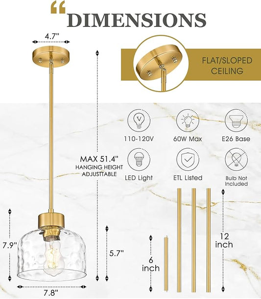 Gold Pendant Lights Kitchen Island, 8" Hanging Light Fixtures with Hand-Blown Hammered Clear Glass, Modern Brass Kitchen Pendant Lighting Over Island for Dining Room, AD-24024-1PL-GD-H
