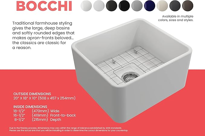 BOCCHI Classico Apron Front Fireclay 20 in. Single Bowl Kitchen Sink with Protective Bottom Grid and Strainer in Matte White