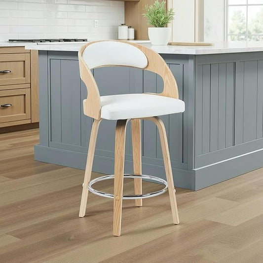 Armen Living Shelly Modern Counter Height Swivel Bar Stool in Patterned Oak Finish with White Faux Leather Upholstered Seat