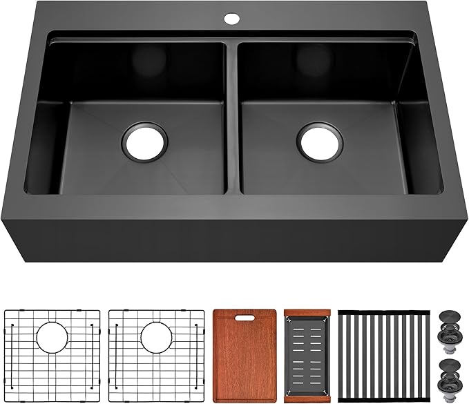 Black Farmhouse Kitchen Sink 36 x 22 Drop In, 50/50 Double Bowl Farm Sinks, 16 Gauge Stainless Steel Workstation Sink with Ledge & Accessories, 36" x 22" x 10" Large and Deep Double Sink