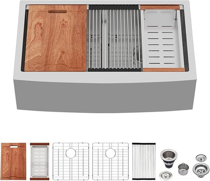 Lordear 33 Farmhouse Sink Double Bowl 33 Inch Farm Kitchen Sink Workstation Apron Front Stainless Steel 16 Gauge Low Divide 50/50 Double Kitchen Farm Sinks 33X22X10 Inch (Apron Height is 9 inch)