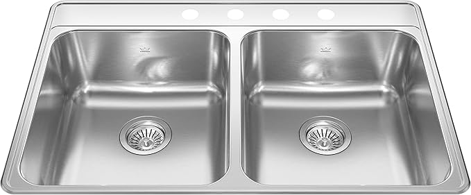 Kindred Creemore 33-in LR x 22-in FB x 8-in DP Drop In Double Bowl 4-Hole Stainless Steel Kitchen Sink, CDLA3322-8-4CBN