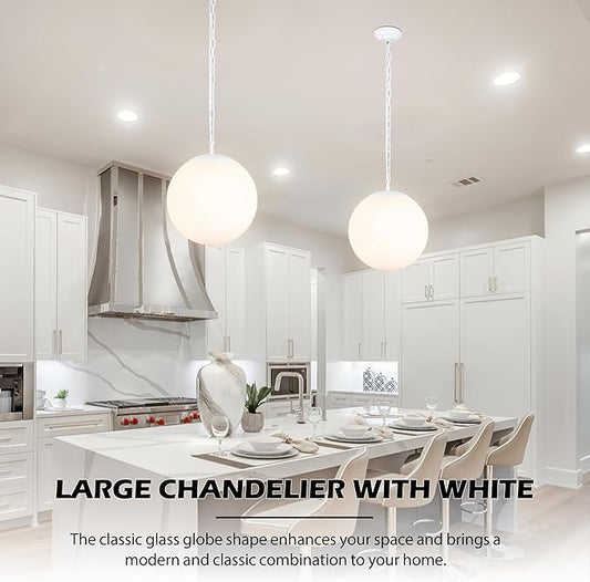 KoKo&Yukina 14 Inch Globe Pendant Light Adjustable White Globe Pendant Lights Kitchen Island Mid Century Light Fixture with Milky White Glass Shade for Living Room