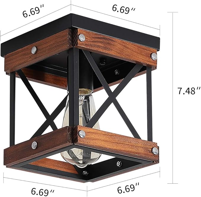 Fivess Lighting Rustic Farmhouse Flush Mount Ceiling Light 1-Light Metal and Wood Cage Mini Semi Flush Mount Light Fixture for Hallway Kitchen Entryway, Black