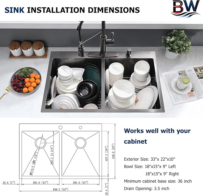 33x22 Inch Black Double Bowl Kitchen Sink Drop In - 16 Gauge Stainless Steel 50/50 Split, Top Mount Drop In Kitchen Sink Double Bowl