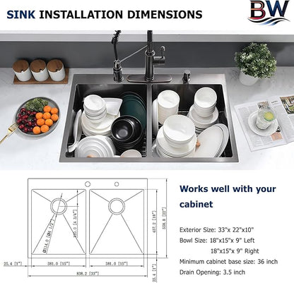 33x22 Inch Black Double Bowl Kitchen Sink Drop In - 16 Gauge Stainless Steel 50/50 Split, Top Mount Drop In Kitchen Sink Double Bowl