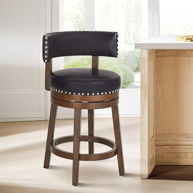 COLAMY Swivel Bar Stool, 25 Inch Wood Swivel Barstool with Back, Counter Height Bar Stools, Modern Upholstered Barstool for Kitchen Island Dining Room Bar, Dark Brown