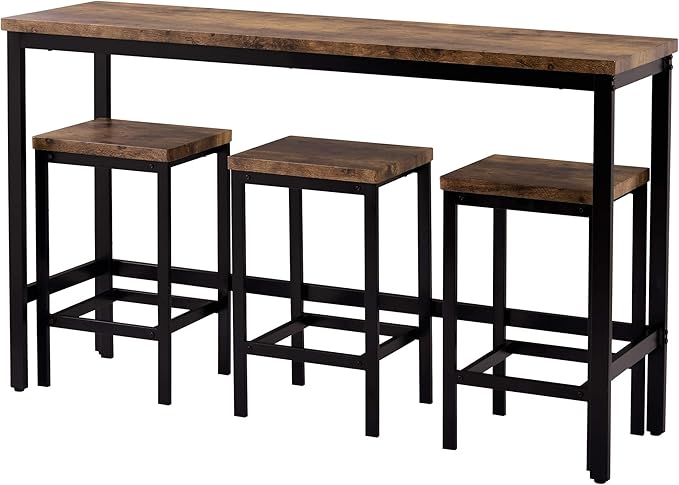 4-Piece Counter Height Extra Long Dining Table Set, Bar Table Set with 3 Stools, Side Table with Footrest Pub Kitchen Set (Brown)