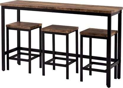 4-Piece Counter Height Extra Long Dining Table Set, Bar Table Set with 3 Stools, Side Table with Footrest Pub Kitchen Set (Brown)