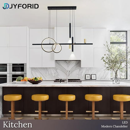 Modern Black LED Dining Room Light Fixture with Remote Control, 47" 36W 3-Color Temp Stepless Dimmable Island Pendant Lights, Hanging Adjustable Linear Chandelier for Kitchen Bar