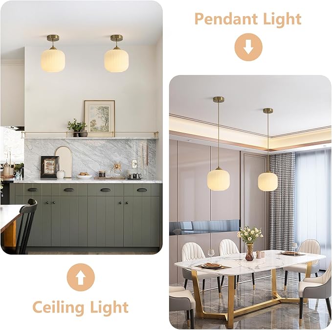 KCO Lighting Mid Century Modern Gold White Pendant Light Milk Glass Globe Pendant Lights Kitchen Island Antique Brass Pendant Light Vintage Hanging Light Fixture for Dining Room Living Room (2-Pack)