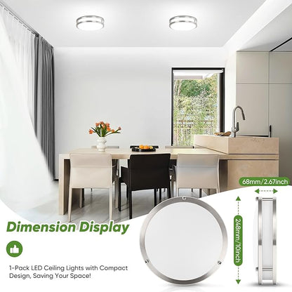 10 Inch LED Flush Mount Ceiling Light, Brushed Nickle Kitchen Lighting Fixture with 2700K/3000K/4000K/5000K/6500K 5 Color Adjusted, Dimmable Modern Round LED Light for Bedroom Living Room, 1-Pack