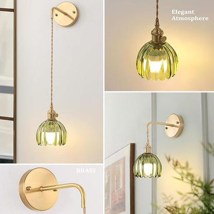 Shenmoyl Battery Operated Wall Sconce with Green Tulip Shade Pattern Glass Adjustable Chain Retro Gold Wall Mounted Light, Modern Wall Lamp Fixtures Decor for Bedside Bedroom Indoor Doorway