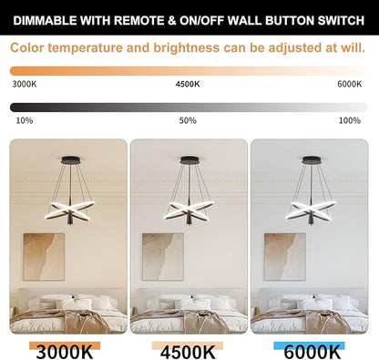ORANOOR Modern LED Chandelier, Dimmable 20in Black Kitchen Pendant Light Fixture Dining Room Lights Ceiling Hanging, 2 Ring Round Chandeliers for Bedroom Living Room Staircase Over Table (3360lm)