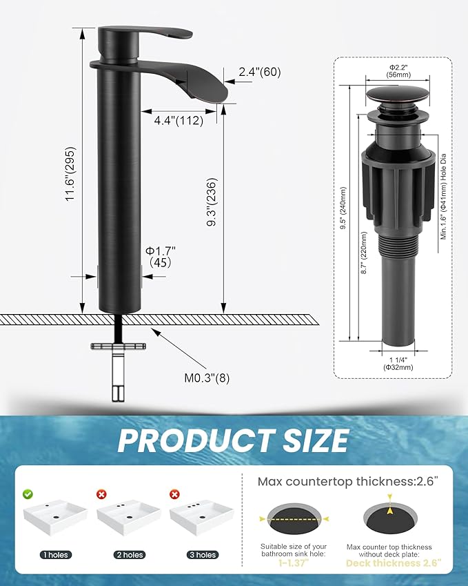 Vessel Sink Faucet Oil Rubbed Bronze：WOWOW Single Handle Tall Bathroom Faucet - Waterfall Single Hole Mixer Bar Tap with Large Rectangular Spout, Deck Mount Lavatory Vanity with Pop Up Drain