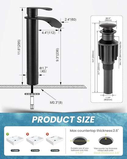 Vessel Sink Faucet Oil Rubbed Bronze：WOWOW Single Handle Tall Bathroom Faucet - Waterfall Single Hole Mixer Bar Tap with Large Rectangular Spout, Deck Mount Lavatory Vanity with Pop Up Drain