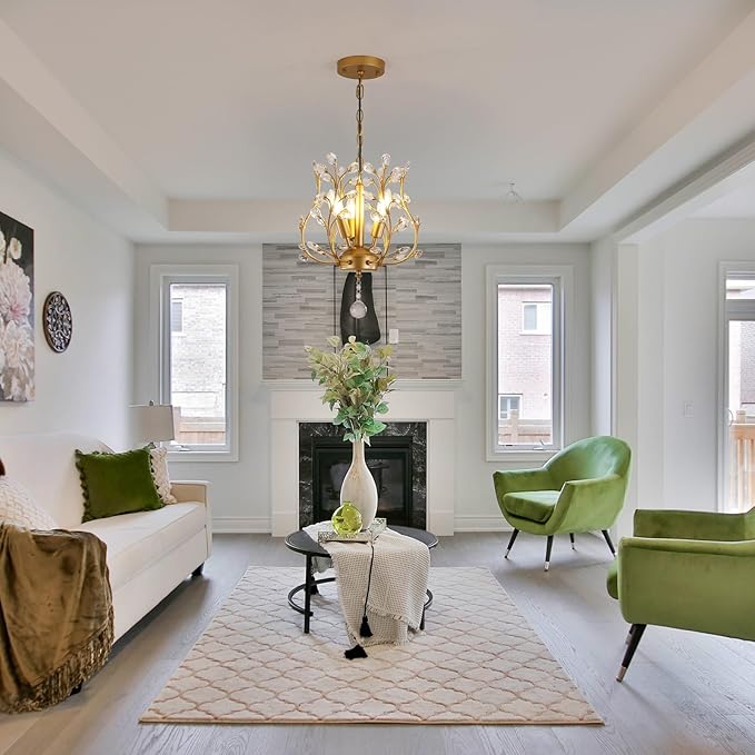 Small Gold Crystal Chandelier, Farmhouse 3-Light Branch Crystal Pendant Light with 47.2'' Adjustable Chain, Vintage 13.8'' Ceiling Hanging Light Fixture for Dining Room, Kitchen, Entryway