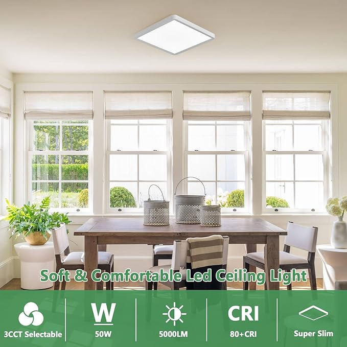 2 Pack 20 Inch Large LED Flush Mount Ceiling Light, 45W, 4500LM, Selectable 3000K/4000K/6000K CCT, White Square Flat Panel Light, Low Profile, Fits Hallway, Kitchen, Bedroom, Laundry Room