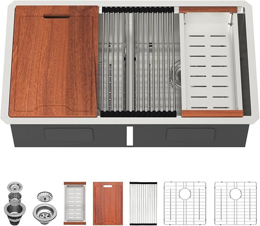Lordear 32 Kitchen Sink - Double Bowl Stainless Steel Undermount Sink 16 Gauge Stainless Steel Workstation 50/50 Double Basin Low Divide Under Counter Handmade Sinks