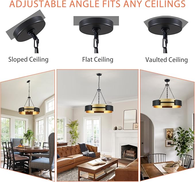 Modern Chandelier 26" Industrial Light Fixture Black and Gold 5-Light Large Drum Pendant Lighting for Dining Room Kitchen Island Office Living Room