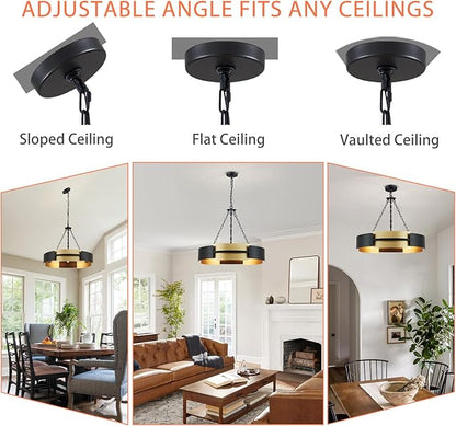 Modern Chandelier 26" Industrial Light Fixture Black and Gold 5-Light Large Drum Pendant Lighting for Dining Room Kitchen Island Office Living Room