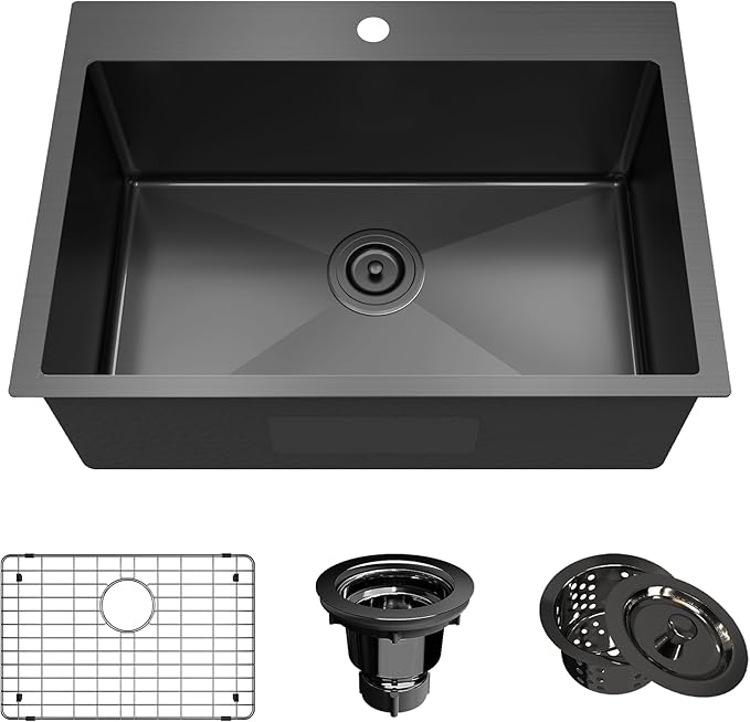 Black Kitchen Sink, 28x20 Drop-In Topmount Single Bowl, 18 Gauge T304 Stainless Steel, 9 Inch Deep, Grid & Basket Strainer