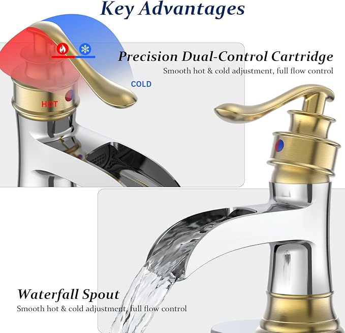 BWE Bathroom Faucet Waterfall Single Handle Chrome and Gold Vanity with Pop Up Drain Stopper with Overflow One Hole Lever Bath Sink Basin Restroom Mixer Tap Commercial Supply Line