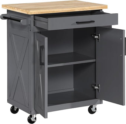 OSP Home Furnishings Bolten Farmhouse Kitchen Cart with Butcher Block Top, Rolling Island with Storage Cabinet and Drawer, 35.5H x 32W x 19D inches, Grey