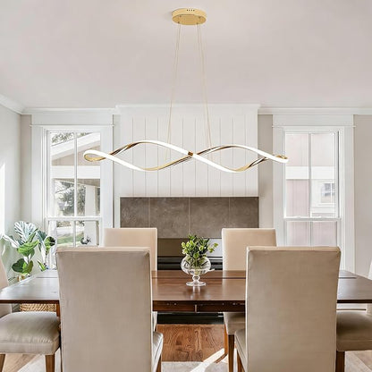 39 Inch Modern LED Pendant Light, Remote Control Dimmable Adjustable Height, DIY Kitchen Island Lighting & Dining Room Chandelier, Gold Plated Energy Saving Linear Chandelier