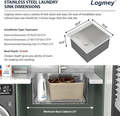 Logmey 22x22 Drop in Laundry Sink 22 Inch Laundry Room 12" Deep Sinks Handmade 16 Gauge Heavy Duty Stainless Steel Large Capacity Utility Washing Tub for Home & Commercial Use