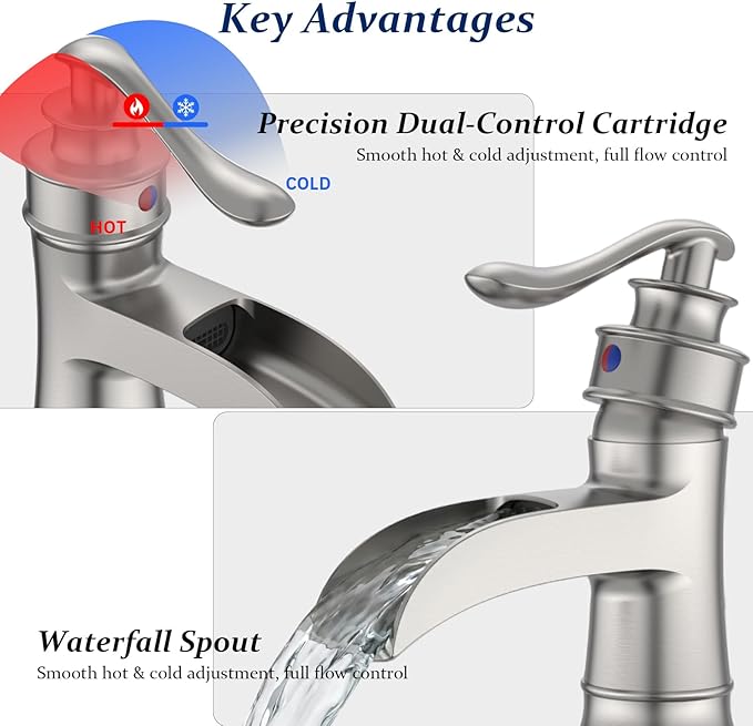 BWE Bathroom Faucet Brushed Nickel Waterfall Single Hole Matching Pop Up Drain Stopper Handle Sink Faucets Bath Vanity Lavatory Vessel Commercial Satin with Water Supply Hose