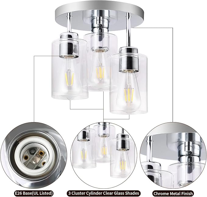 Semi Flush Mount Ceiling Light 3-Light Chrome Flush Mount Ceiling Light Fixtures with Clear Glass Shade, Modern Kitchen Ceiling Light for Bedroom Stairs Porch Hallway Entryway, E26 Socket