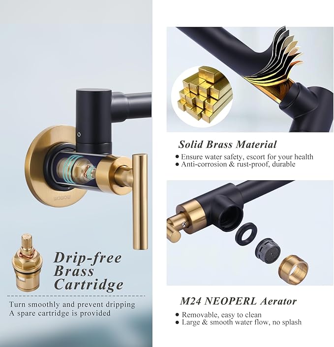 WOWOW Pot Filler Faucet Black Gold, Solid Brass Pot Filler Wall Mount Kitchen Stove Faucet with Double Joint Swing Arms