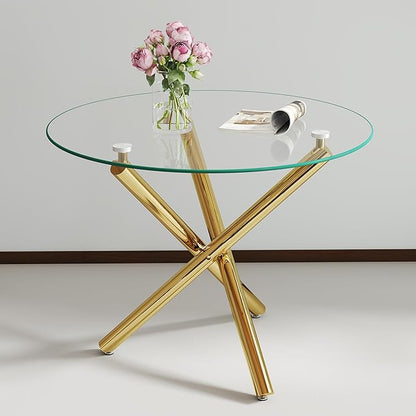 Pvillez 36“ Round Dining Table for 4, Contemporary Tempered Glass Dining Table, Small Dinner Table with Gold Cross Metal Base, Round Clear Kitchen Table Writing Desk for Dining Kitchen