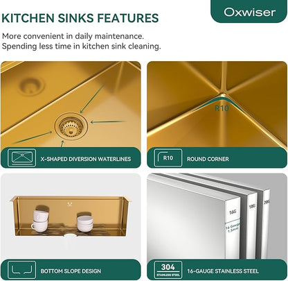 Drop In Kitchen Sink 27 Inch Gold Top Mount Sink 16 Gauge Stainless Steel 2-Hole Deep Single Bowl Kitchen Sinks 27"X22"X10"