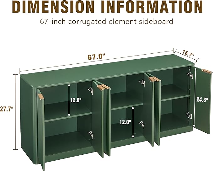 Ball & Cast 67" Modern Fluted Sideboard Buffet Cabinet with Storage,Curved Design Kitchen Coffee Bar Cabinet with 6 Doors & Shelves,Wood Credenza Cabinets Media Console for Living Room,Green