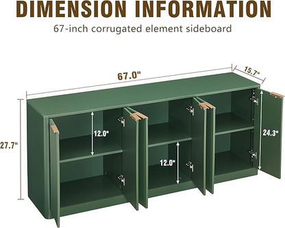 Ball & Cast 67" Modern Fluted Sideboard Buffet Cabinet with Storage,Curved Design Kitchen Coffee Bar Cabinet with 6 Doors & Shelves,Wood Credenza Cabinets Media Console for Living Room,Green