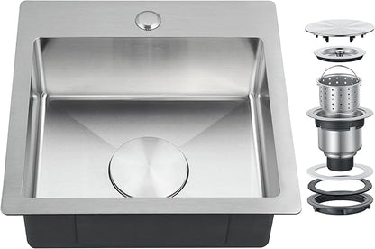 15x15 Inch Bar Sink Drop In - Small Kitchen Sink for RV, Wet Bar & Outdoor, Brushed 18 Gauge Stainless Steel Topmount Single Bowl Utility Sink