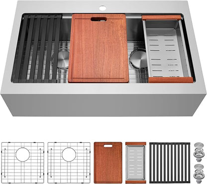 Farmhouse Kitchen Sink 36 x 22 Drop In, 50/50 Double Bowl Farm Sinks, 16 Gauge Stainless Steel Workstation Sink with Ledge & Accessories, 36 Inch Large and Deep Farm house Apron Front Sink