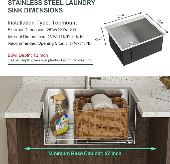 Lordear 12 Inch Deep Drop In Laundry Sink with Faucet 25x22 Inch Topmount Utility Sink 16 Gauge Stainless Steel Single Bowl for Laundry Room 25"x22"x12"