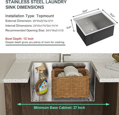 Lordear 12 Inch Deep Drop In Laundry Sink with Faucet 25x22 Inch Topmount Utility Sink 16 Gauge Stainless Steel Single Bowl for Laundry Room 25"x22"x12"
