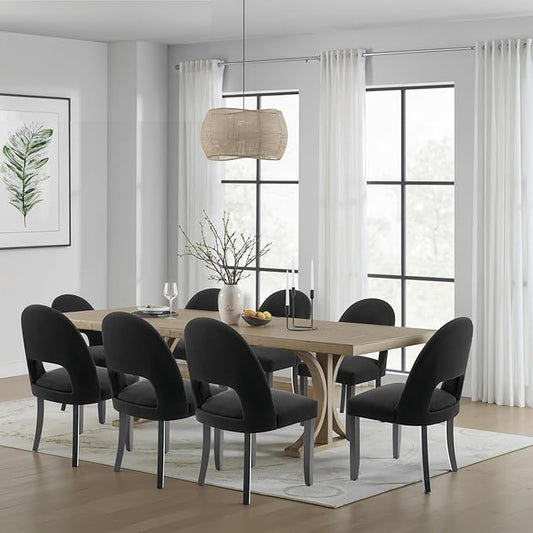 Wooden Dining Chairs Set of 8, Modern Farmhouse Upholstered Kitchen Side Chairs, Dining Room Chairs with Linen Fabric & Open Backrest, Rubberwood Legs, Black