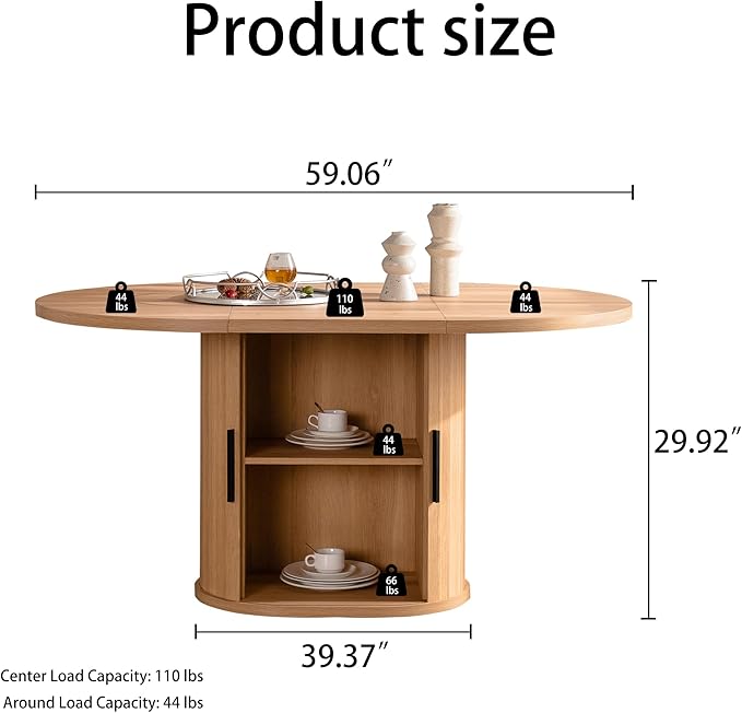 59 inch Oval Dining Table for 4-6 People, Modern Farmhouse Oval Kitchen Table with 2 Tier Storage Shelf, Sliding Cabinet Door, Space Saving Wooden Dinner Table for Kitchen Dining Room Living Room