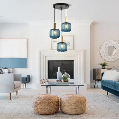 3-Light Modern Industrial Pendant Light Fixture, Adjustable Hanging Chandelier with Blue Striped Glass Shades for Kitchen Island, Dining Room, Bedroom, Black & Gold Metal Ceiling Light