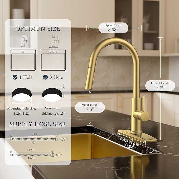 FORIOUS Kitchen Faucets with Pull Down Sprayer, Gold Classic Single Handle Stainless Steel High Arc Faucet for Kitchen Sink, 1Hole with Deck Plate, Sink Faucet for Bar RV Farmhouse Outdoor Laundry