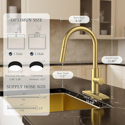 FORIOUS Kitchen Faucets with Pull Down Sprayer, Gold Classic Single Handle Stainless Steel High Arc Faucet for Kitchen Sink, 1Hole with Deck Plate, Sink Faucet for Bar RV Farmhouse Outdoor Laundry