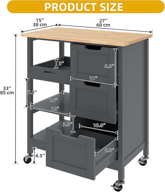 DWVO Solid Wood Top Rolling Kitchen Island Cart, 3 Tier Mobile Kitchen Storage Island Cart with 3 Drawers and 3 Opening Storage Shelves for Kitchen & Dining Area, Gray