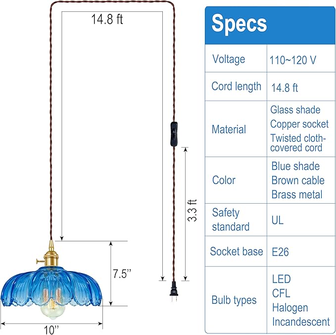 Plug-in Pendant Light Fixture, Hanging Light Fixture, Glass Pendant Light, Swag Lamp with Inline On/Off Switch for Kitchen Island, Bedroom, Dining Room, Living Room (Blue Lotus, Plug-in)