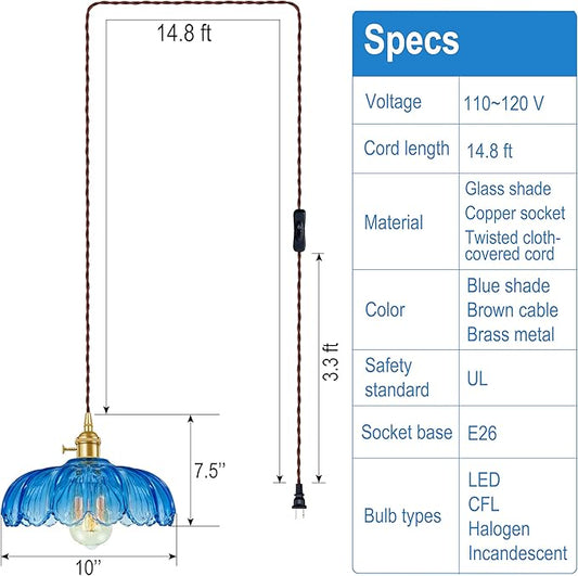Plug-in Pendant Light Fixture, Hanging Light Fixture, Glass Pendant Light, Swag Lamp with Inline On/Off Switch for Kitchen Island, Bedroom, Dining Room, Living Room (Blue Lotus, Plug-in)